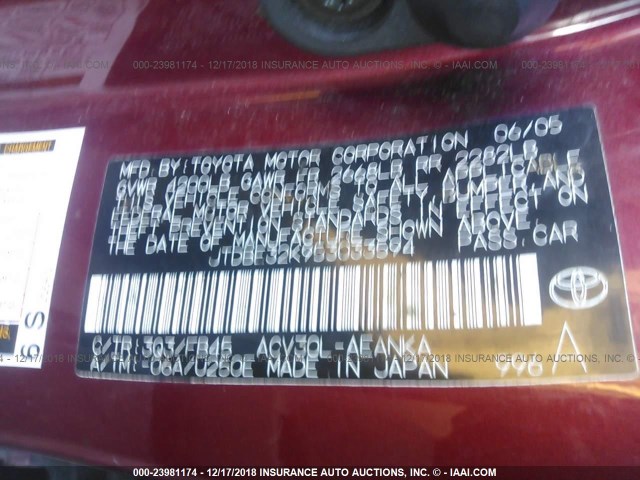 JTDBE32K953033594 - 2005 TOYOTA CAMRY LE/XLE/SE RED photo 9