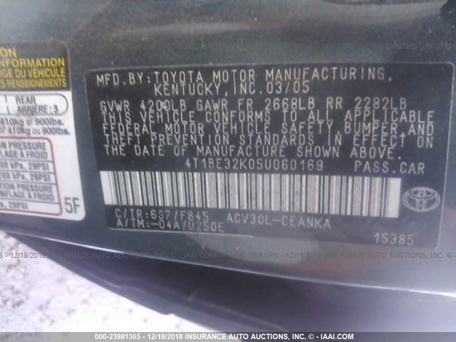 4T1BE32K05U060169 - 2005 TOYOTA CAMRY LE/XLE/SE GREEN photo 9