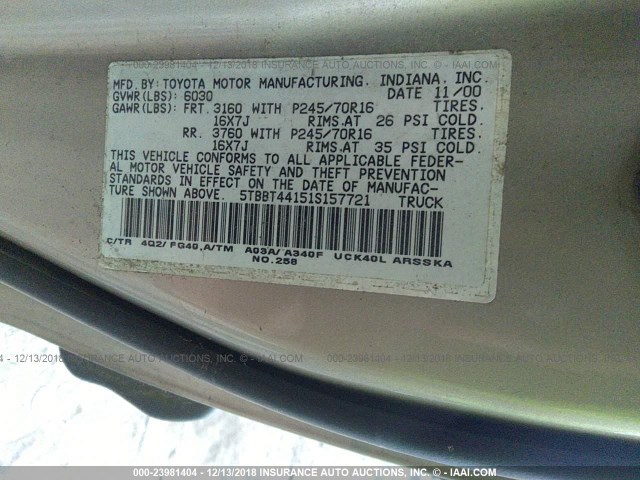 5TBBT44151S157721 - 2001 TOYOTA TUNDRA ACCESS CAB/ACCESS CAB SR5 BEIGE photo 9