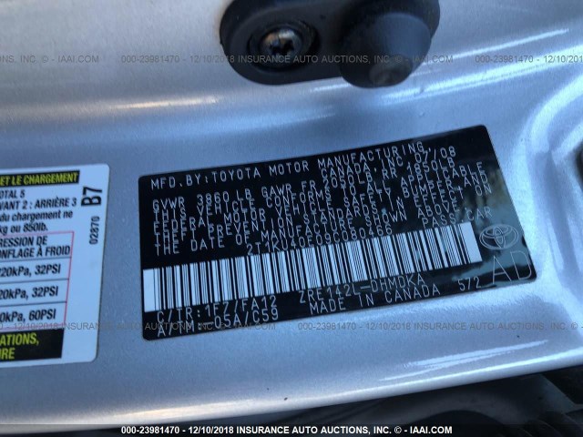 2T1KU40E09C080466 - 2009 TOYOTA COROLLA MATRIX  SILVER photo 9
