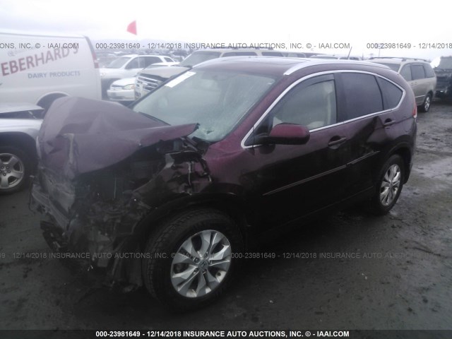 5J6RM4H7XDL015611 - 2013 HONDA CR-V EXL BURGUNDY photo 2