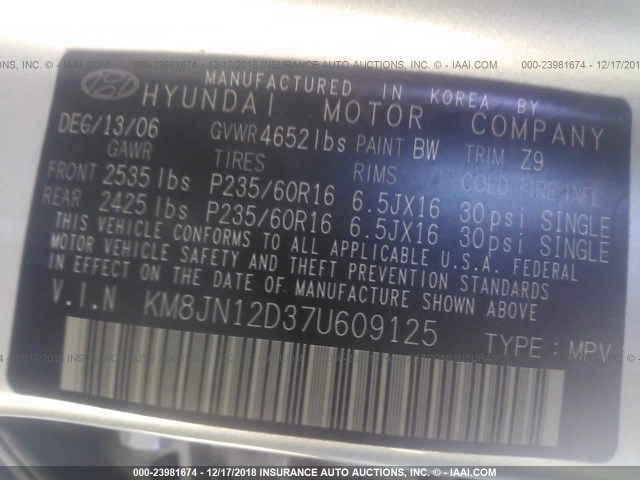 KM8JN12D37U609125 - 2007 HYUNDAI TUCSON SE/LIMITED GRAY photo 9