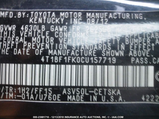 4T1BF1FK0CU157719 - 2012 TOYOTA CAMRY SE/LE/XLE BLACK photo 9