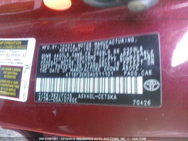 4T1BF3EK5AU511101 - 2010 TOYOTA CAMRY SE/LE/XLE 红色 照片 9