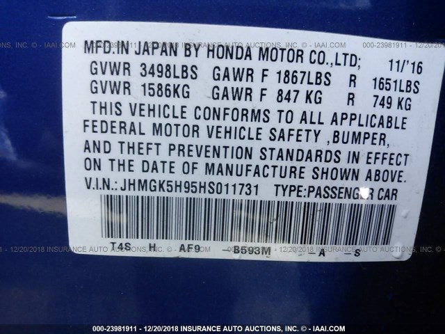 JHMGK5H95HS011731 - 2017 HONDA FIT EX/EXL BLUE photo 9