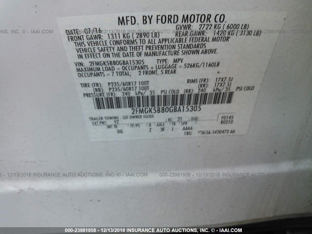 2FMGK5B80GBA15305 - 2016 FORD FLEX SE WHITE photo 9