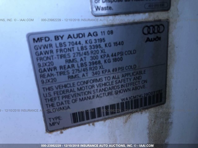 WA1CM74L29D031197 - 2009 AUDI Q7 WHITE photo 9