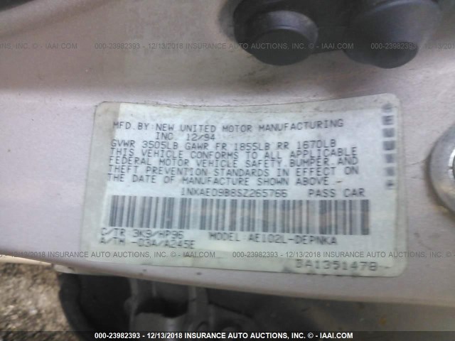 1NXAE09B8SZ265766 - 1995 TOYOTA COROLLA LE/DX GRAY photo 9