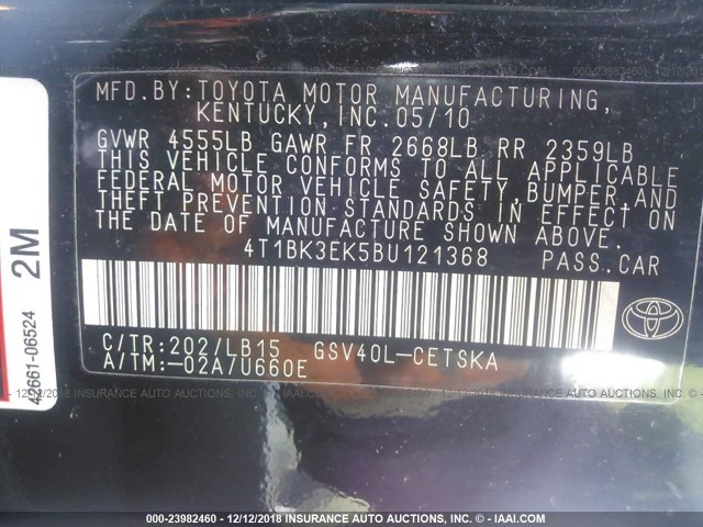 4T1BK3EK5BU121368 - 2011 TOYOTA CAMRY SE/LE/XLE 黑色 照片 9