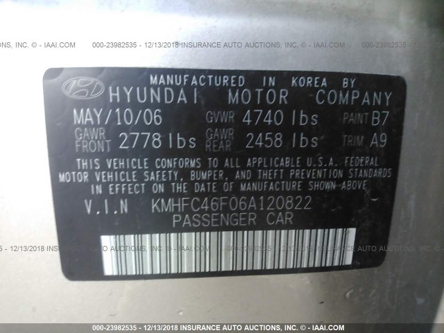 KMHFC46F06A120822 - 2006 HYUNDAI AZERA SE/LIMITED TAN photo 9