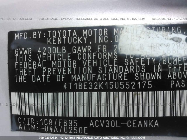 4T1BE32K15U552175 - 2005 TOYOTA CAMRY LE/XLE/SE SILVER photo 9