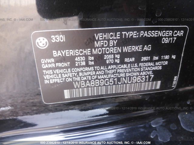 WBA8B9G51JNU96317 - 2018 BMW 330 I BLACK photo 9