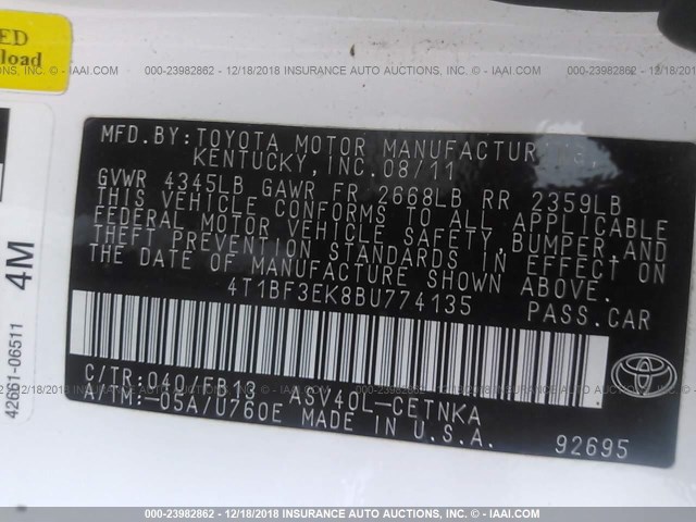 4T1BF3EK8BU774135 - 2011 TOYOTA CAMRY SE/LE/XLE WHITE photo 9