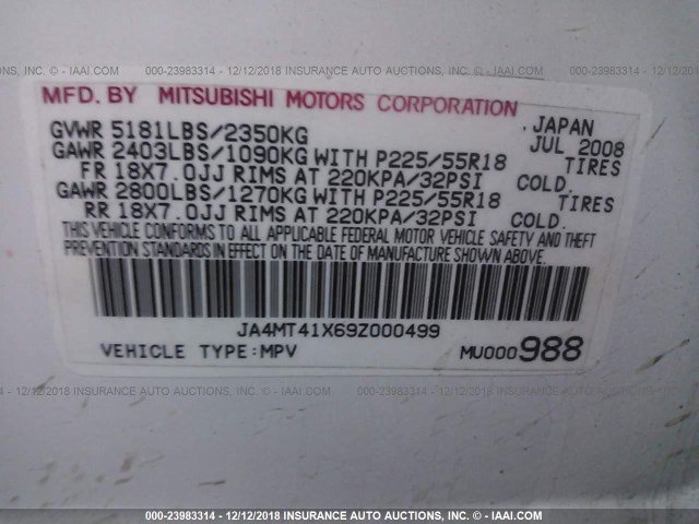 JA4MT41X69Z000499 - 2009 MITSUBISHI OUTLANDER XLS WHITE photo 9