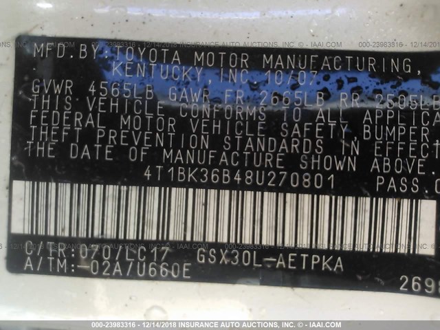 4T1BK36B48U270801 - 2008 TOYOTA AVALON XL/XLS/TOURING/LIMITED WHITE photo 9