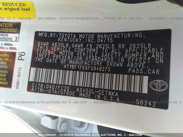 4T1BF1FK6FU948275 - 2015 TOYOTA CAMRY LE/XLE/SE/XSE WHITE photo 9