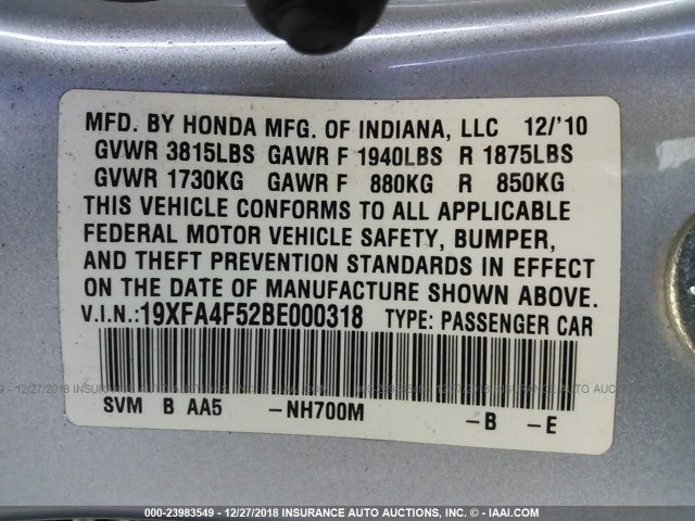 19XFA4F52BE000318 - 2011 HONDA CIVIC GX SILVER photo 9