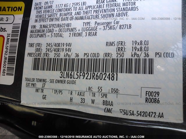 3LN6L5F92JR602481 - 2018 LINCOLN MKZ RESERVE ნაცრისფერი ფოტო 9