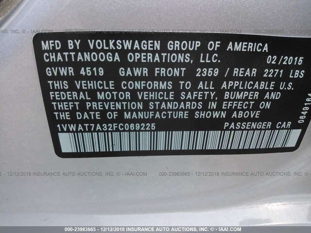 1VWAT7A32FC069225 - 2015 VOLKSWAGEN PASSAT S SILVER photo 9