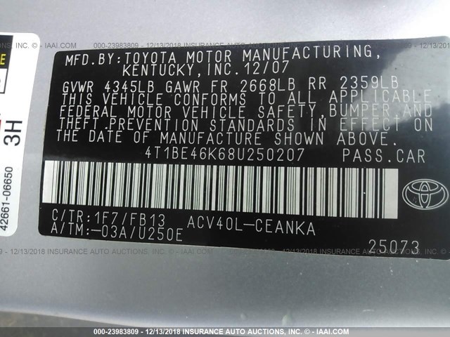 4T1BE46K68U250207 - 2008 TOYOTA CAMRY CE/LE/XLE/SE SILVER photo 9