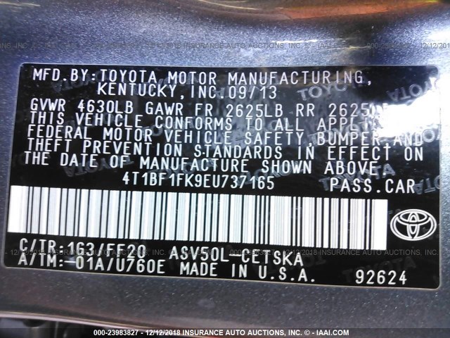 4T1BF1FK9EU737165 - 2014 TOYOTA CAMRY L/SE/LE/XLE 灰色 照片 9