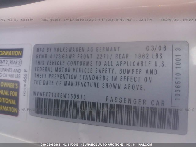 WVWEV71K66W150913 - 2006 VOLKSWAGEN NEW GTI WHITE photo 9