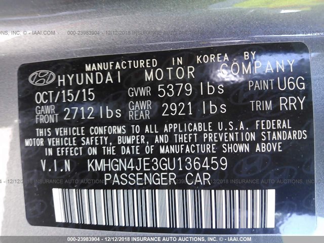 KMHGN4JE3GU136459 - 2016 HYUNDAI GENESIS 3.8L GRAY photo 9