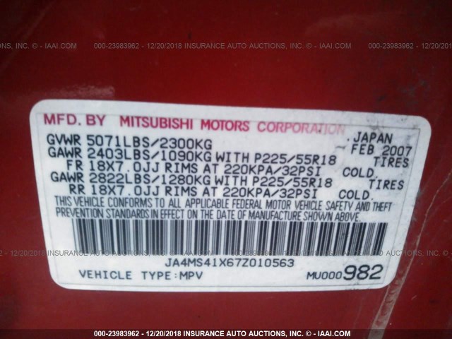 JA4MS41X67Z010563 - 2007 MITSUBISHI OUTLANDER XLS RED photo 9