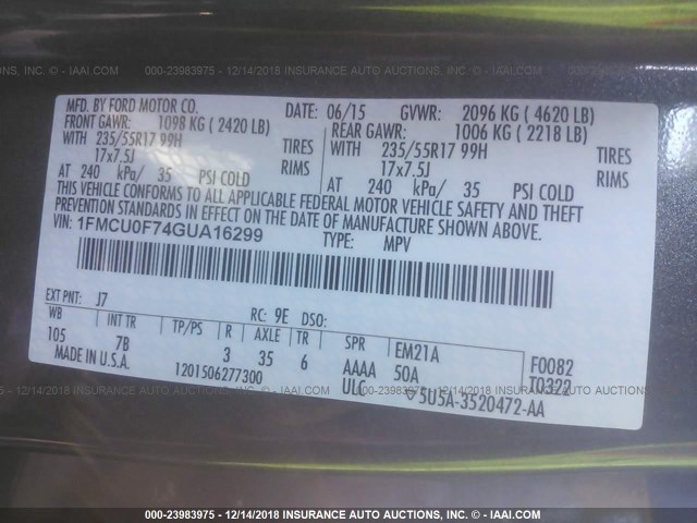 1FMCU0F74GUA16299 - 2016 FORD ESCAPE S GRAY photo 9