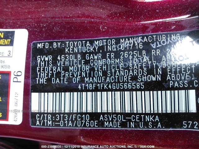 4T1BF1FK4GU566585 - 2016 TOYOTA CAMRY LE/XLE/SE/XSE RED photo 9