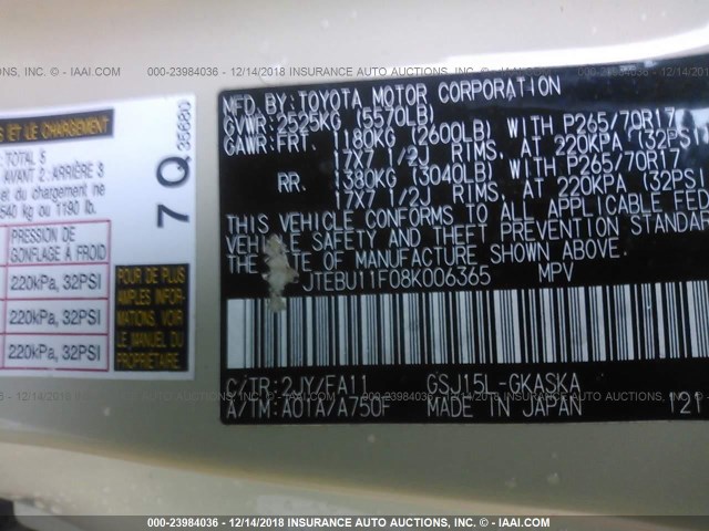 JTEBU11F08K006365 - 2008 TOYOTA FJ CRUISER CREAM photo 9