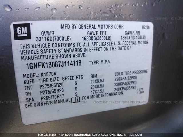 1GNFK13087J114118 - 2007 CHEVROLET TAHOE K1500 TAN photo 9