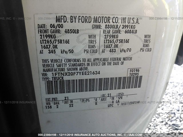 1FTNX20F7YEE21634 - 2000 FORD F250 SUPER DUTY WHITE photo 9