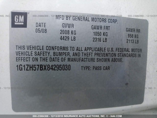 1G1ZH57BX84295030 - 2008 CHEVROLET MALIBU 1LT WHITE photo 9