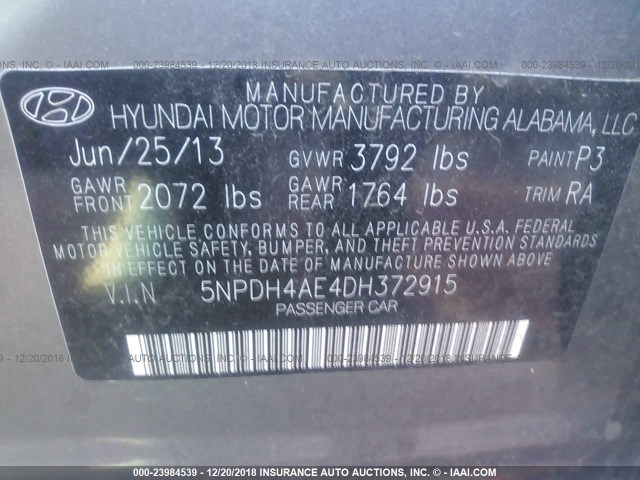 5NPDH4AE4DH372915 - 2013 HYUNDAI ELANTRA GLS/LIMITED GRAY photo 9