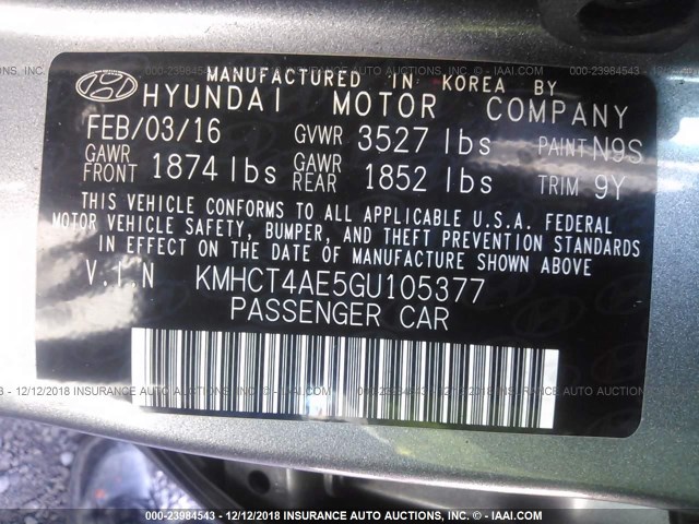 KMHCT4AE5GU105377 - 2016 HYUNDAI ACCENT SE GRAY photo 9