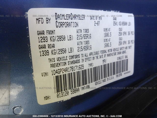 1D4GP24R17B171629 - 2007 DODGE GRAND CARAVAN SE BLUE photo 9