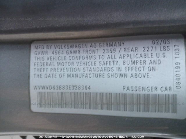 WVWVD63B83E328364 - 2003 VOLKSWAGEN PASSAT GLS GRAY photo 9