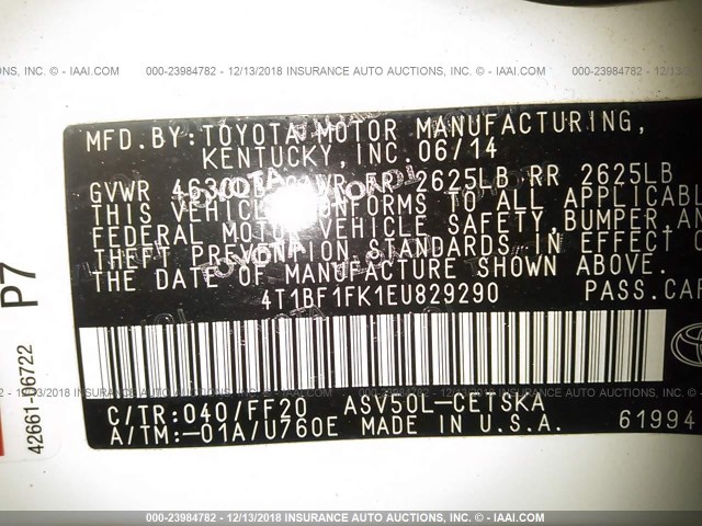 4T1BF1FK1EU829290 - 2014 TOYOTA CAMRY L/SE/LE/XLE 白色 照片 9