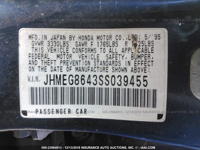 JHMEG8643SS039455 - 1995 HONDA CIVIC DX/LX BLUE photo 9