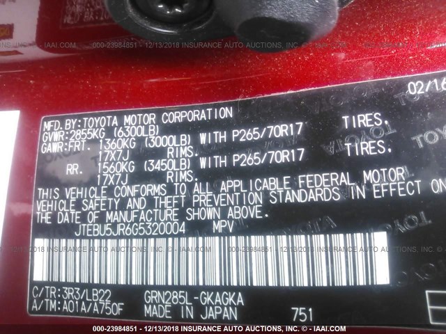 JTEBU5JR6G5320004 - 2016 TOYOTA 4RUNNER SR5 PREM/LTDL/TRAIL/TRD RED photo 9