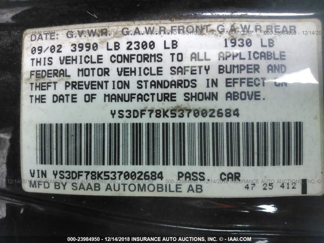 YS3DF78K537002684 - 2003 SAAB 9-3 SE BLACK photo 9