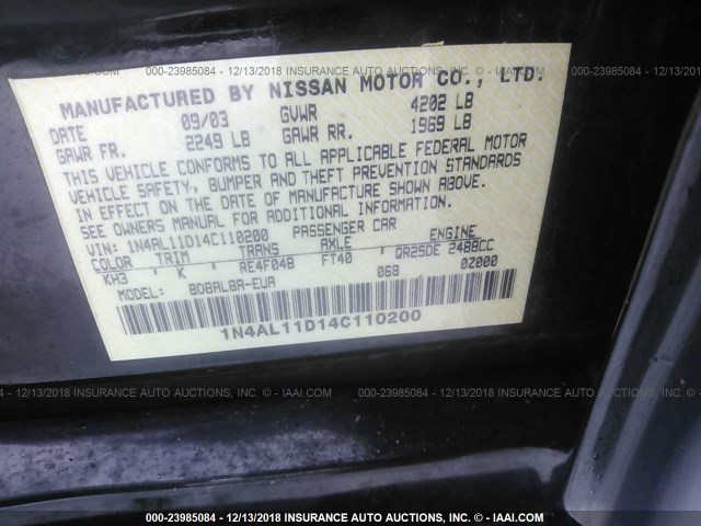 1N4AL11D14C110200 - 2004 NISSAN ALTIMA S/SL BLACK photo 9