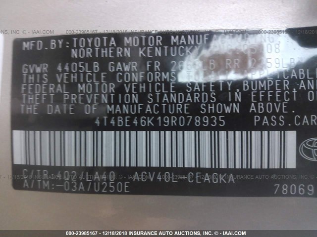 4T4BE46K19R078935 - 2009 TOYOTA CAMRY SE/LE/XLE BEIGE photo 9