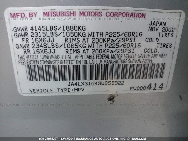 JA4LX31G43U055922 - 2003 MITSUBISHI OUTLANDER LS SILVER photo 9