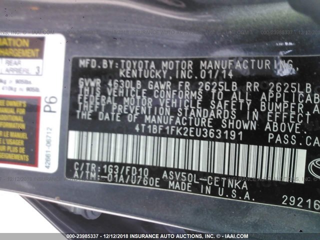 4T1BF1FK2EU363191 - 2014 TOYOTA CAMRY L/SE/LE/XLE 灰色 照片 9