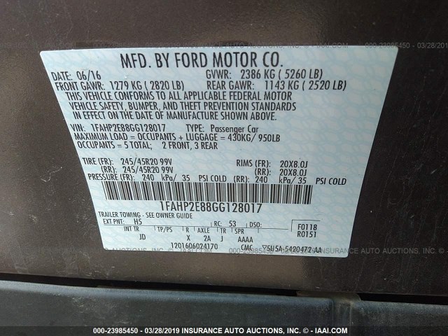 1FAHP2E88GG128017 - 2016 FORD TAURUS SEL BROWN photo 9