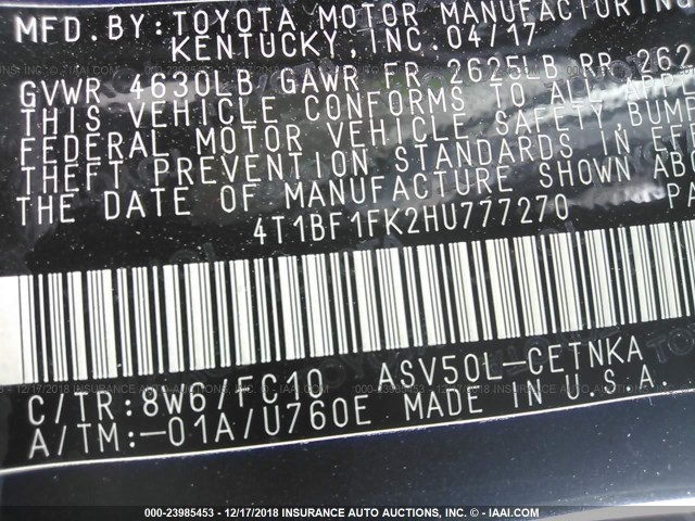 4T1BF1FK2HU777270 - 2017 TOYOTA CAMRY LE/XLE/SE/XSE 蓝色 照片 9