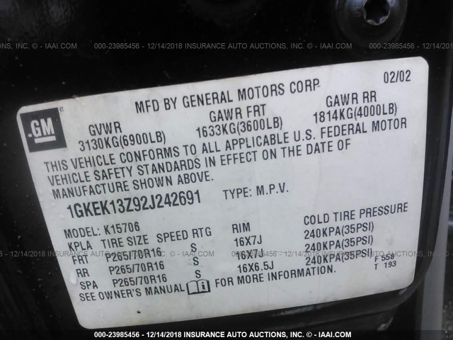 1GKEK13Z92J242691 - 2002 GMC YUKON BLACK photo 9