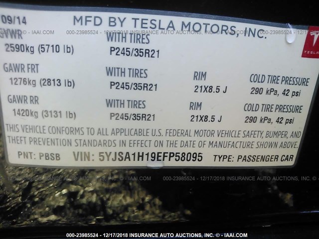 5YJSA1H19EFP58095 - 2014 TESLA MODEL S BLACK photo 9